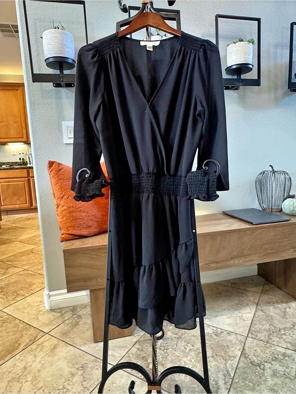 Michael Kors Smocked Georgette Long Sleeve Dress Black Large
